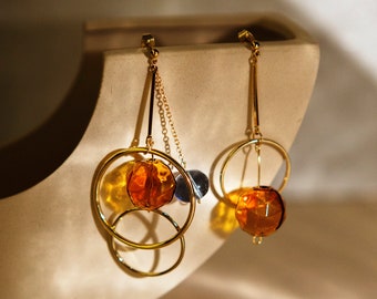 Natsu | Asymmetrical Geometric Earrings, Hand-Blown Glass Beads, 14K Gold Plated, Glass Chandelier Jewelry