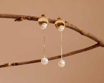 Nymph | Minimal Dangling Thread with Pearls Dainty Earrings, 14K Gold Plated Classic Jewelry