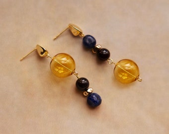 Bonbon | Statement Stone & Glass Asymmetrical Earrings, Hollow Glass Bead, Natural Sodalite, Agate Gemstone Beads, 14K Gold Plated Jewelry