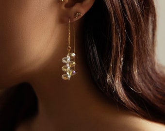 Fae | Iridescent Dainty Japanese Threader Earrings, Dazzling Minimal Suncatcher Teardrop Glassy Beads, 14K Gold Plated Fairycore Jewelry