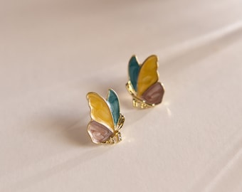 Cho | Pastel Enamel Buttery Stud Earrings, Dainty Spring Shimmery Enamel Fairycore 14K Gold Plated Jewelry