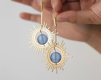 Sunburst | Summer Celestial Geometric  Earrings, Hand-blown Glass Beads, 14K Gold Plated, Windchime Starburst Chandelier Jewelry