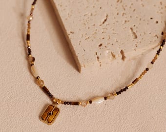 Maia | Dainty Tiger Eye Pendant & Shell Beaded Necklace, 14K Gold Plated Bohemia Jewelry