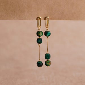 Mona | Asymmetrical Geometric Tourmaline Tiger Eye Earrings, 14K Gold Plated Healing Gemstone Jewelry