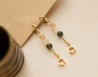 Dango | Japanese Dumpling Huggies, Quartz and Aquatic Agate Gemstone Crystal Earrings, 14K Gold Plated Jewelry