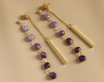 Ombre Drops | Dainty Semi-Precious Gemstone Earrings, Amethyst, Citrine, Sodalite, Dangling Crystal 14K Gold Plated Jewelry