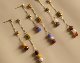Apus | Natural Botswana Agate Mookaite Gemstone Earrings, Unique Asian Dangling Maiden Crystal Earrings, Statement 14K Gold Plated Jewelry