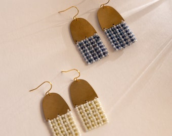 Gingham | Pastel Japanese Seed Bead Geometric Earrings, Tartan Checkered Bohemian Handwoven Earring, Antiqued Brass Summer Jewelry