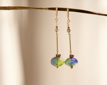 Temari | Japanese Windchime Suncatcher Earrings, Statement Glass Bead, 14K Gold Plated Contemporary Asian Jewelry