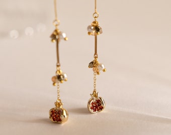 Harvest | Pomegranate & Pear Suncatcher Threader Earrings, Fruit Dangling Drop Thread Asian Earrings, Spring 14K Gold Plated Jewelry