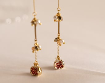 Harvest | Pomegranate, Pear, Cherry Suncatcher Threader Earrings, Fruit Dangling Drop Thread Asian Earrings, Spring 14K Gold Plated Jewelry