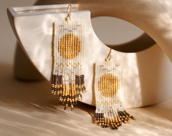 Kakejiku | Japanese Seed Bead Fringe Earrings, Ivory Sun Scroll Abstract Tassel, Handwoven Beaded Earrings