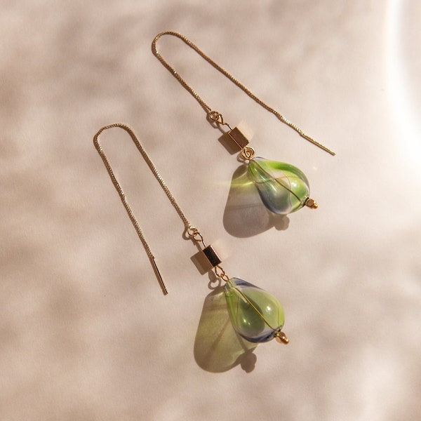 Suiteki | Minimal Water Droplet Earrings, Hollow Glass Bead, 14K Gold Plated, Dangling Suncatcher Threader Earrings