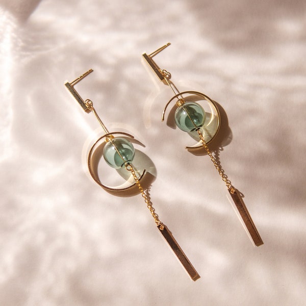 Furin V2 | Japanese Windchime Earrings, Hollow Glass Bead, 14K Gold Plated, Geometric Earrings