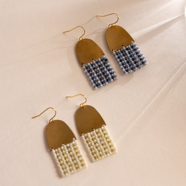 Gingham | Pastel Japanese Seed Bead Geometric Earrings, Tartan Checkered Bohemian Handwoven Earring, Antiqued Brass Summer Jewelry