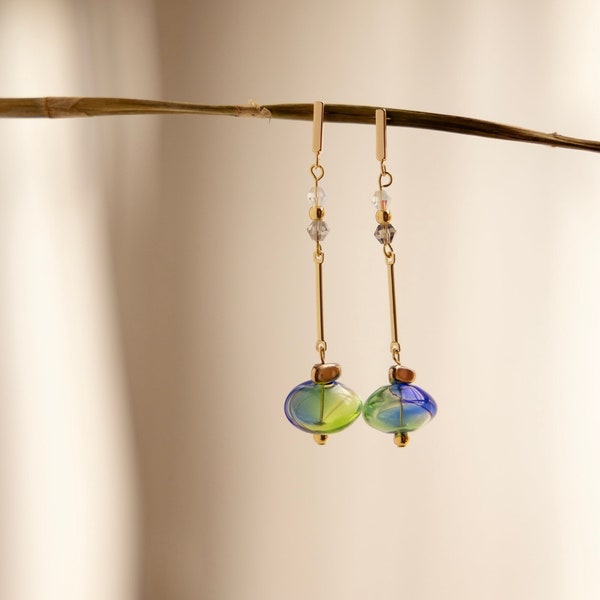 Temari | Japanese Windchime Suncatcher Earrings, Statement Glass Bead, 14K Gold Plated Contemporary Asian Jewelry