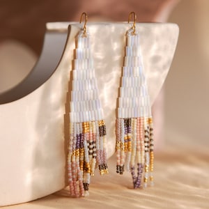 Kori | Japanese Seed Bead Fringe Earrings, Pastel Holographic Abstract Tassel, Handwoven Beaded Earrings
