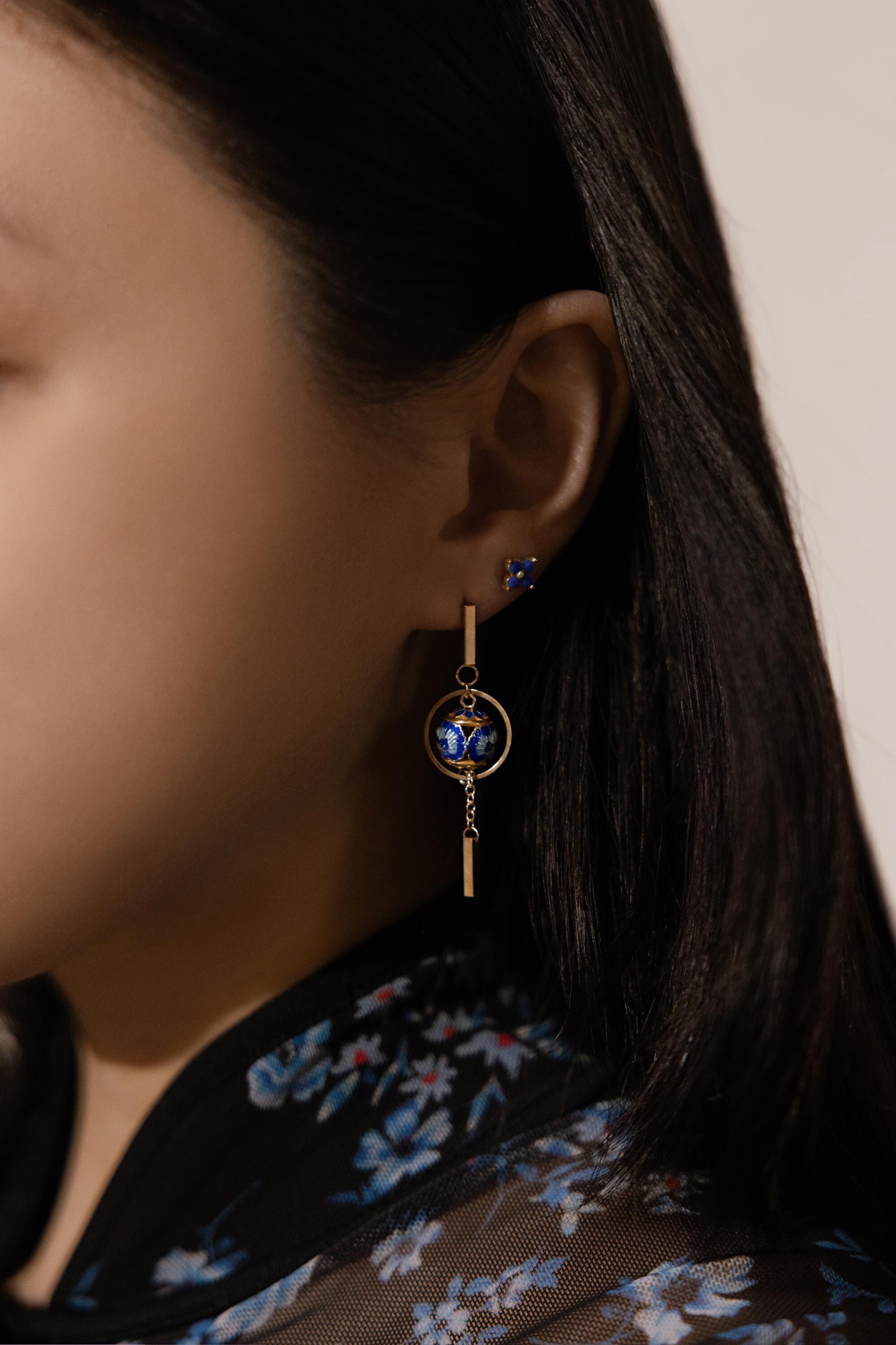 Yanxi | Ancient Chinese Hanfu Style Geometric Earring, Gold Blue Royalty Cloisonné Glazed Enamel, 14K Gold Plated Modern Asian Jewelry
