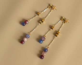 Apus | Natural Botswana Agate Mookaite Gemstone Earrings, Unique Asian Dangling Maiden Crystal Earrings, Statement 14K Gold Plated Jewelry