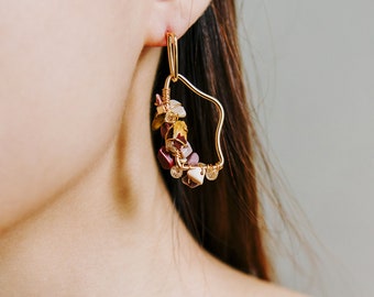 Calliope | Irregular Wirework Earrings, Natural Mookaite Australian Jasper, 14K Gold Plated, Bohemian Stone Earrings