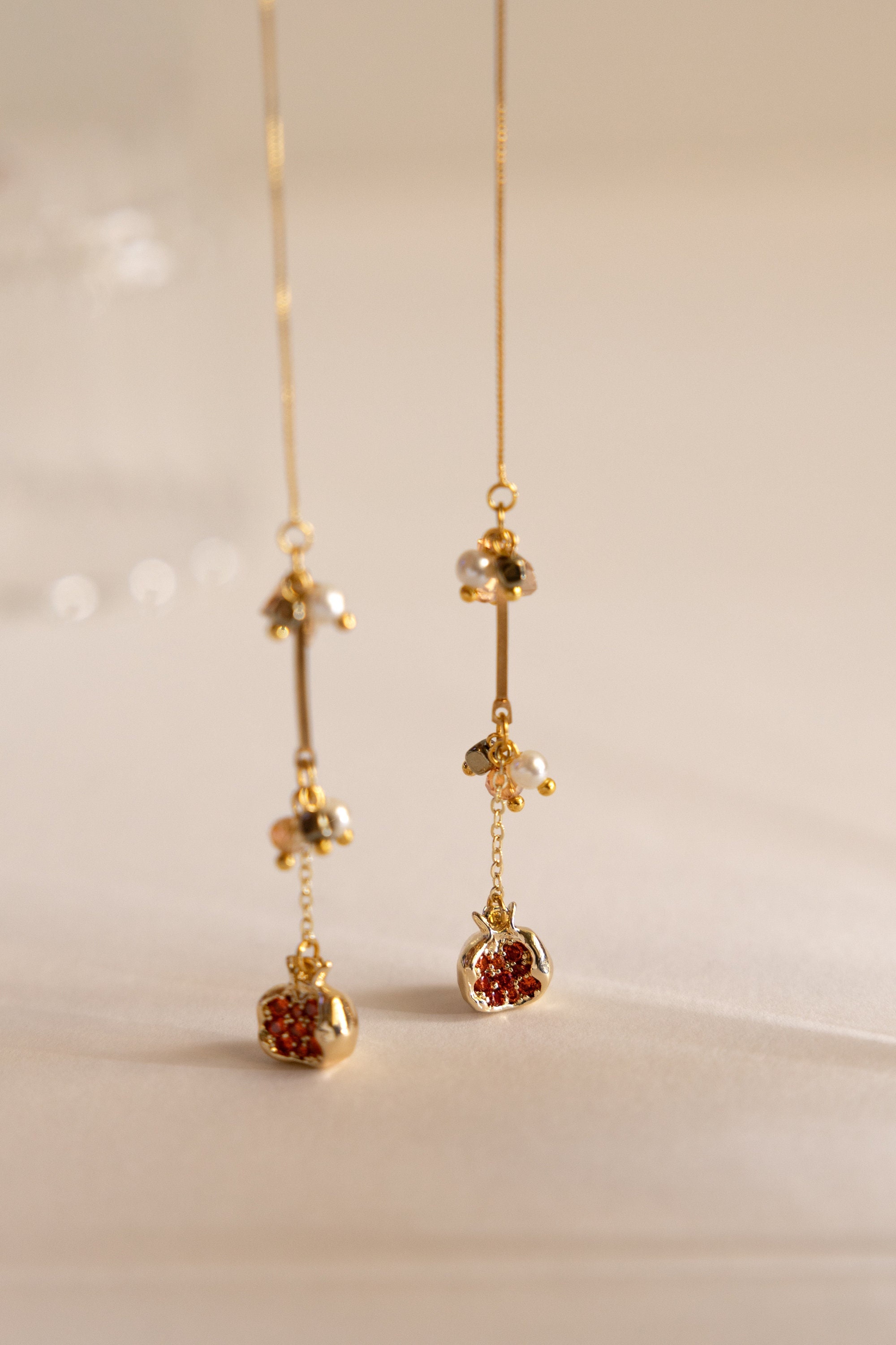 Harvest Pomegranate, Pear, Cherry Threader Earrings, Dainty…