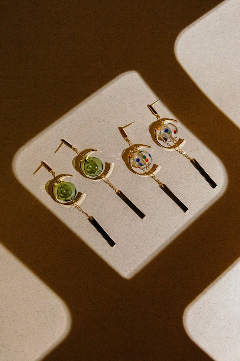 Furin Japanese Windchime Earrings, Hollow Glass Bead, 14K Gold Plated, Geometric Earrings image 6