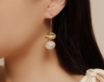 Dew | Minimalist Elegant Long Hook Geometric Marble Acrylic Resin Earrings, 14K Gold Plated Jewelry