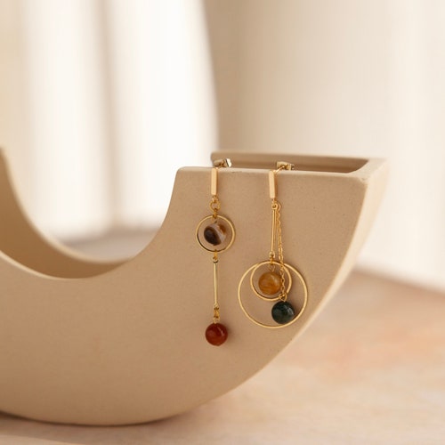 Nova | Asymmetrical Solar System Orbit Planet Earrings, Agate Tourmaline Malachite Gemstones, Geometric Jewelry