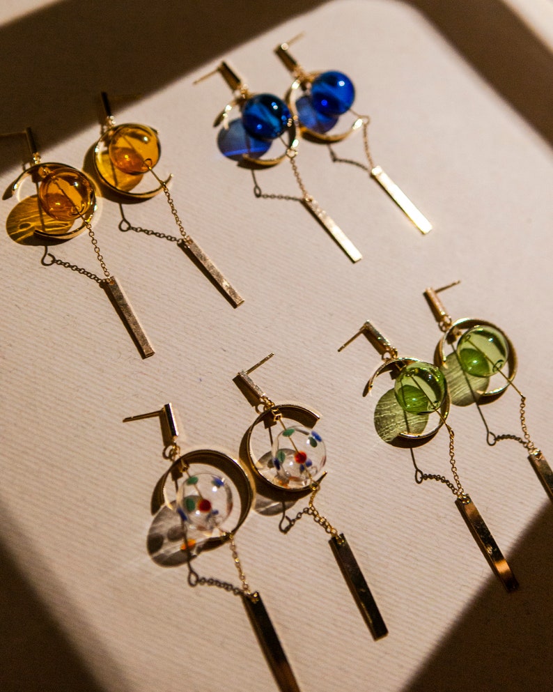 Furin Japanese Windchime Earrings, Hollow Glass Bead, 14K Gold Plated, Geometric Earrings image 2
