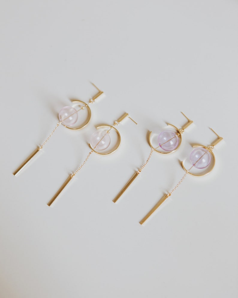 Furin Japanese Windchime Earrings, Hollow Glass Bead, 14K Gold Plated, Geometric Earrings image 10
