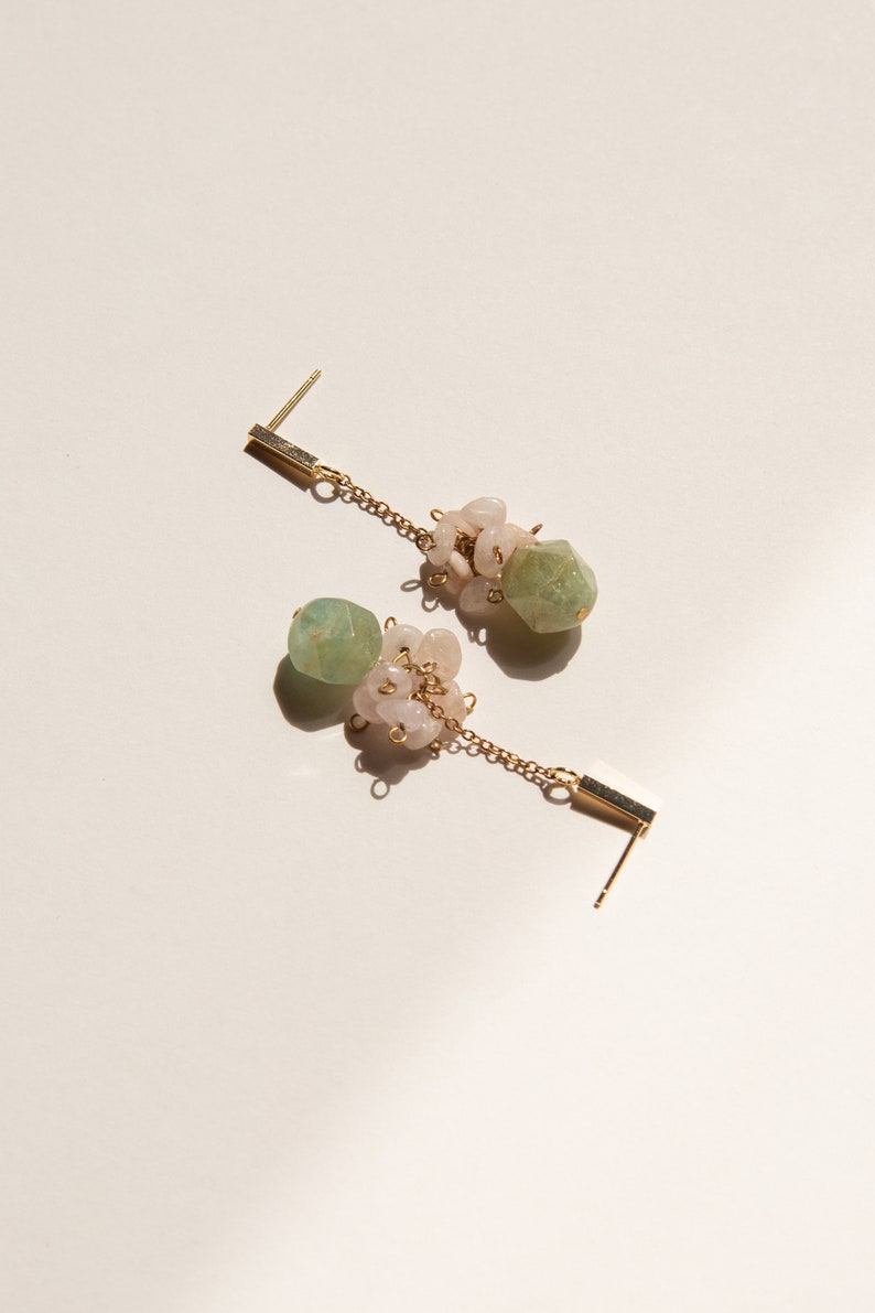 Ketia Rutilated Quartz Gemstone Earrings, Pastel Agate, Lapis Lazuli, Morganite, Precious Dangling Crystals, 14K Gold Plated Jewelry Green