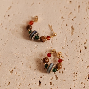 Yoon | Dainty Asian Cermaic Wood Beaded Hoop Stud Earrings, Rustic Bohemian 14K Gold Plated Jewelry image 7