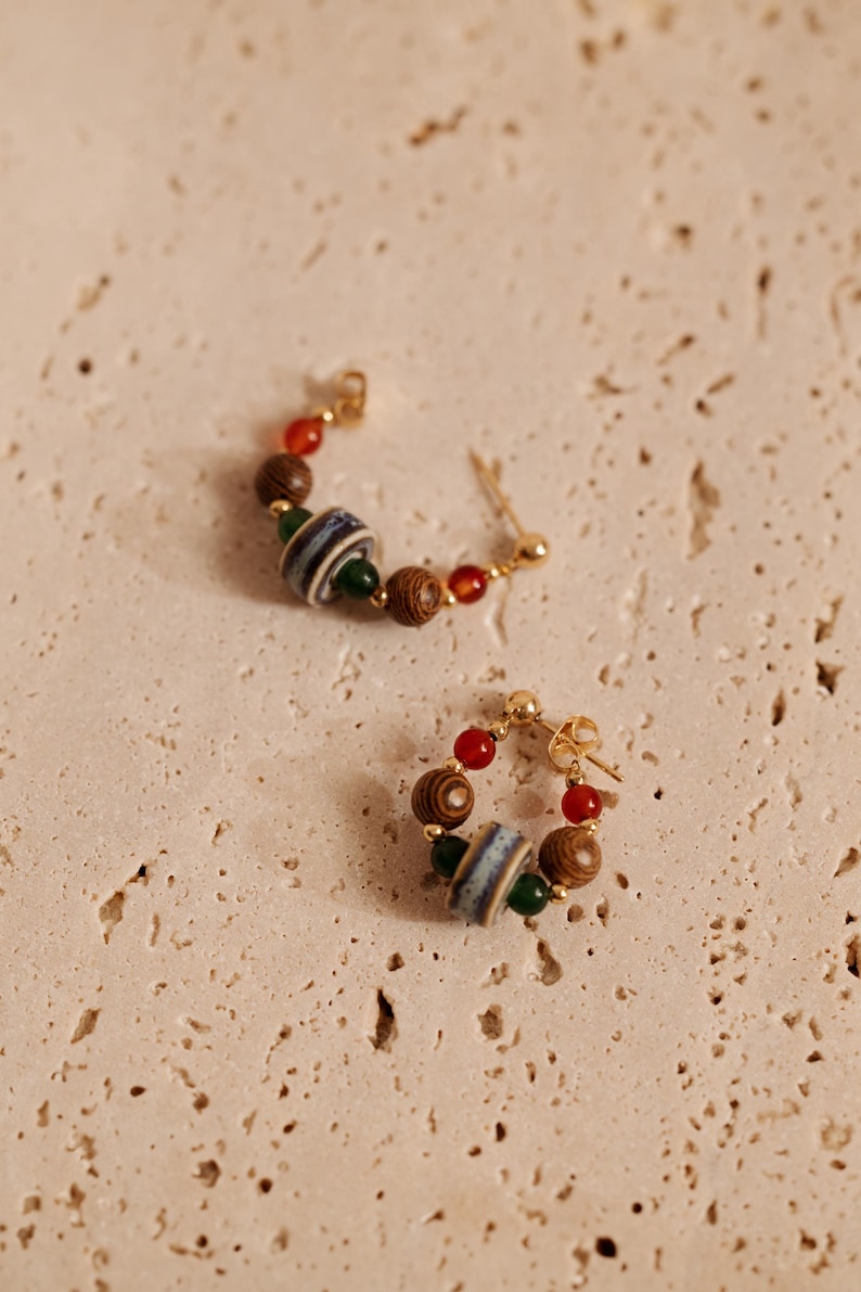 Yoon | Dainty Asian Cermaic Wood Beaded Hoop Stud Earrings, Rustic Bohemian 14K Gold Plated Jewelry image 7