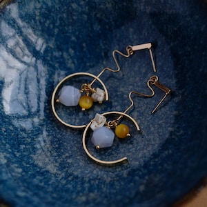 Lunar Minimal Geometric Gemstone Earrings, Blue Lace Agate, Jadeite, Colorful Natural Crystal Stones Statement 14K Gold Plated Jewelry Cornflower