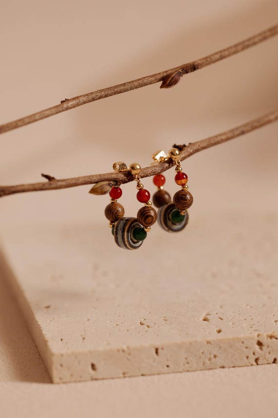 Yoon | Dainty Asian Cermaic Wood Beaded Hoop Stud Earrings, Rustic Bohemian 14K Gold Plated Jewelry