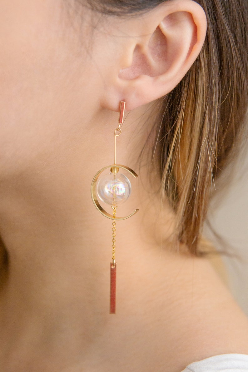 Furin Japanese Windchime Earrings, Hollow Glass Bead, 14K Gold Plated, Geometric Earrings image 5