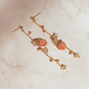 Fruits Whimsical Cottagecore Maiden Earrings, Cute Delicate Grape Strawberry Lampwork Glass Beads, 14K Gold Plated, Fairycore Jewelry Strawberry