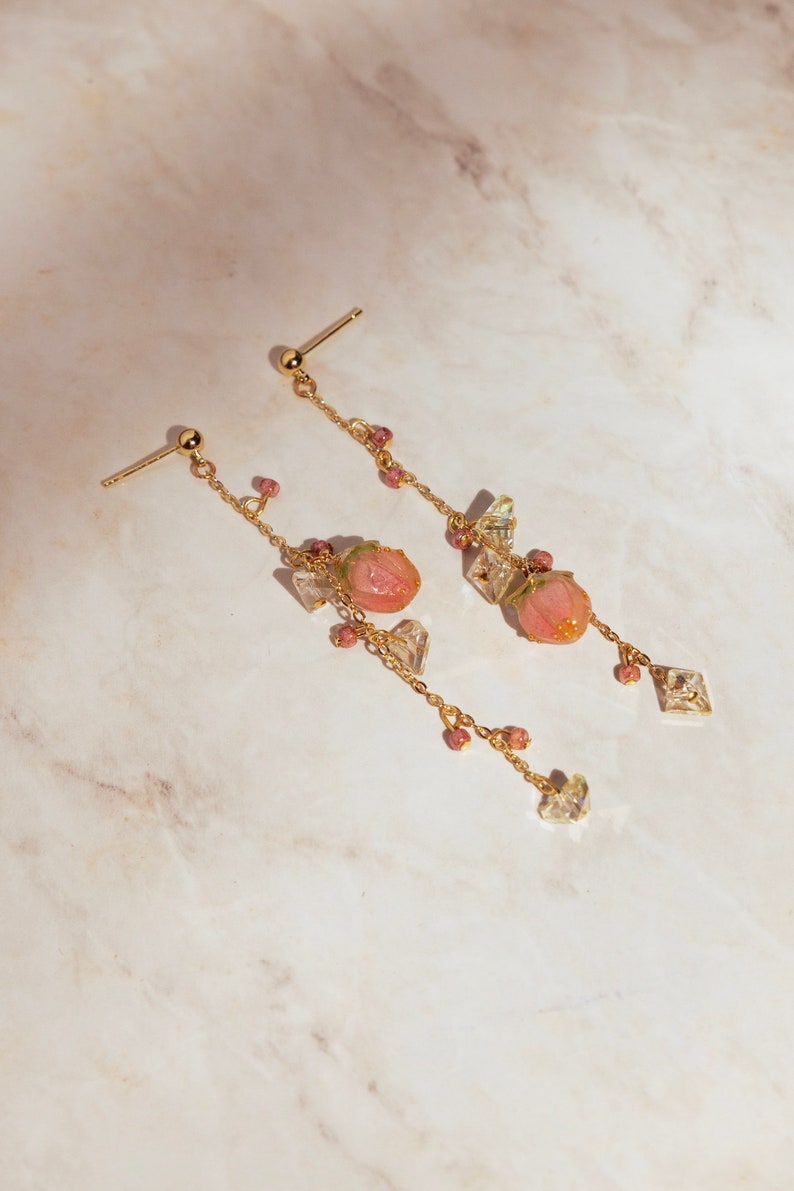 Fruits Whimsical Cottagecore Maiden Earrings, Cute Delicate Grape Strawberry Lampwork Glass Beads, 14K Gold Plated, Fairycore Jewelry Strawberry