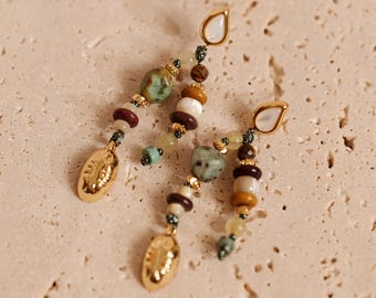 Shuri | Coastal Mother of Pearl & Turquoise Seaside Dangle Earrings, Summer 14K Gold Plated Statement Jewelry