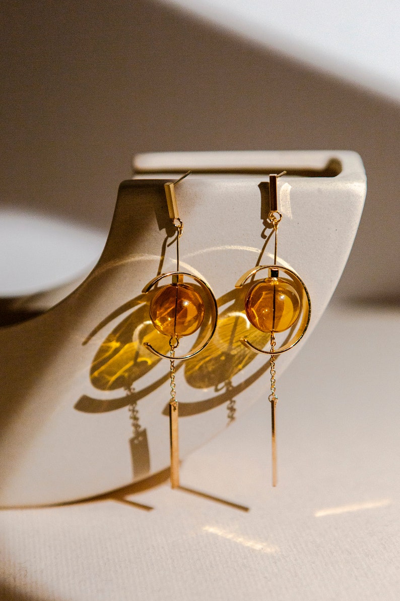 Furin Japanese Windchime Earrings, Hollow Glass Bead, 14K Gold Plated, Geometric Earrings image 3