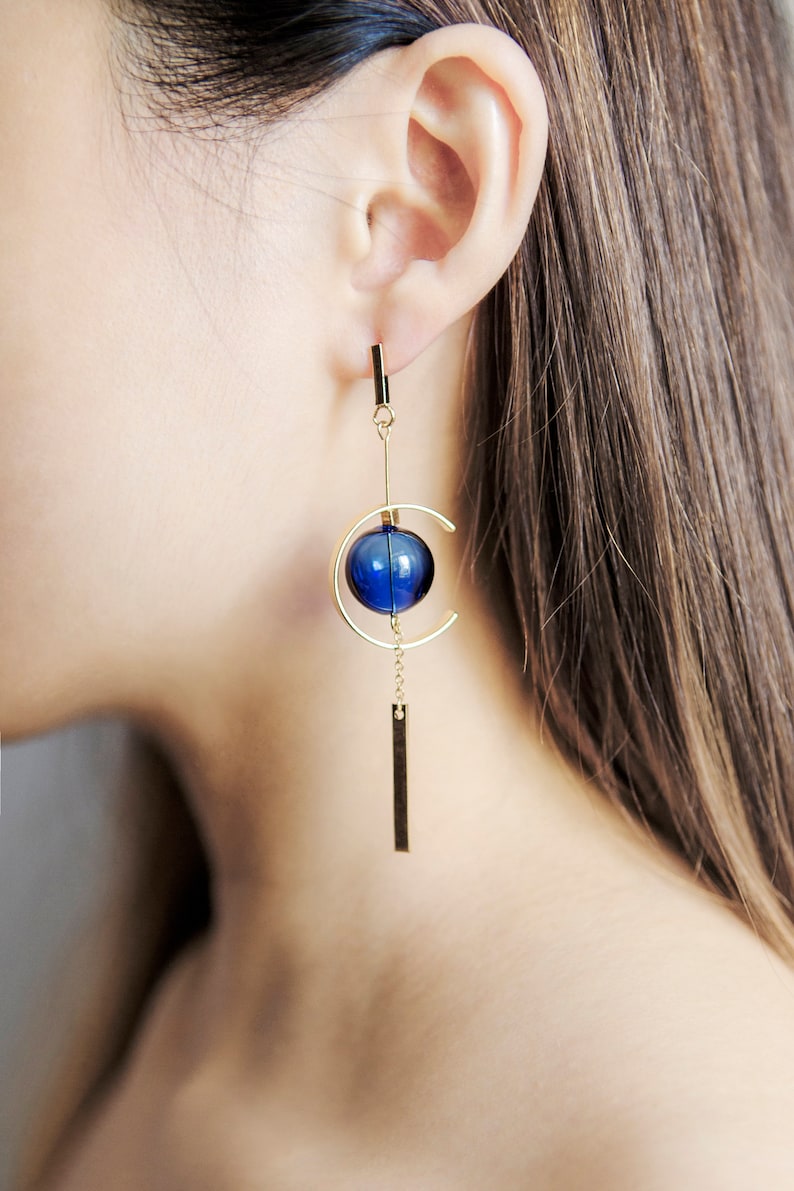 Furin Japanese Windchime Earrings, Hollow Glass Bead, 14K Gold Plated, Geometric Earrings image 9