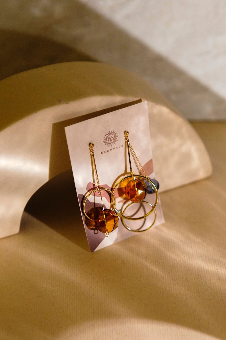 Natsu Asymmetrical Geometric Earrings, Hand-Blown Glass Beads, 14K Gold Plated, Glass Chandelier Jewelry zdjęcie 5