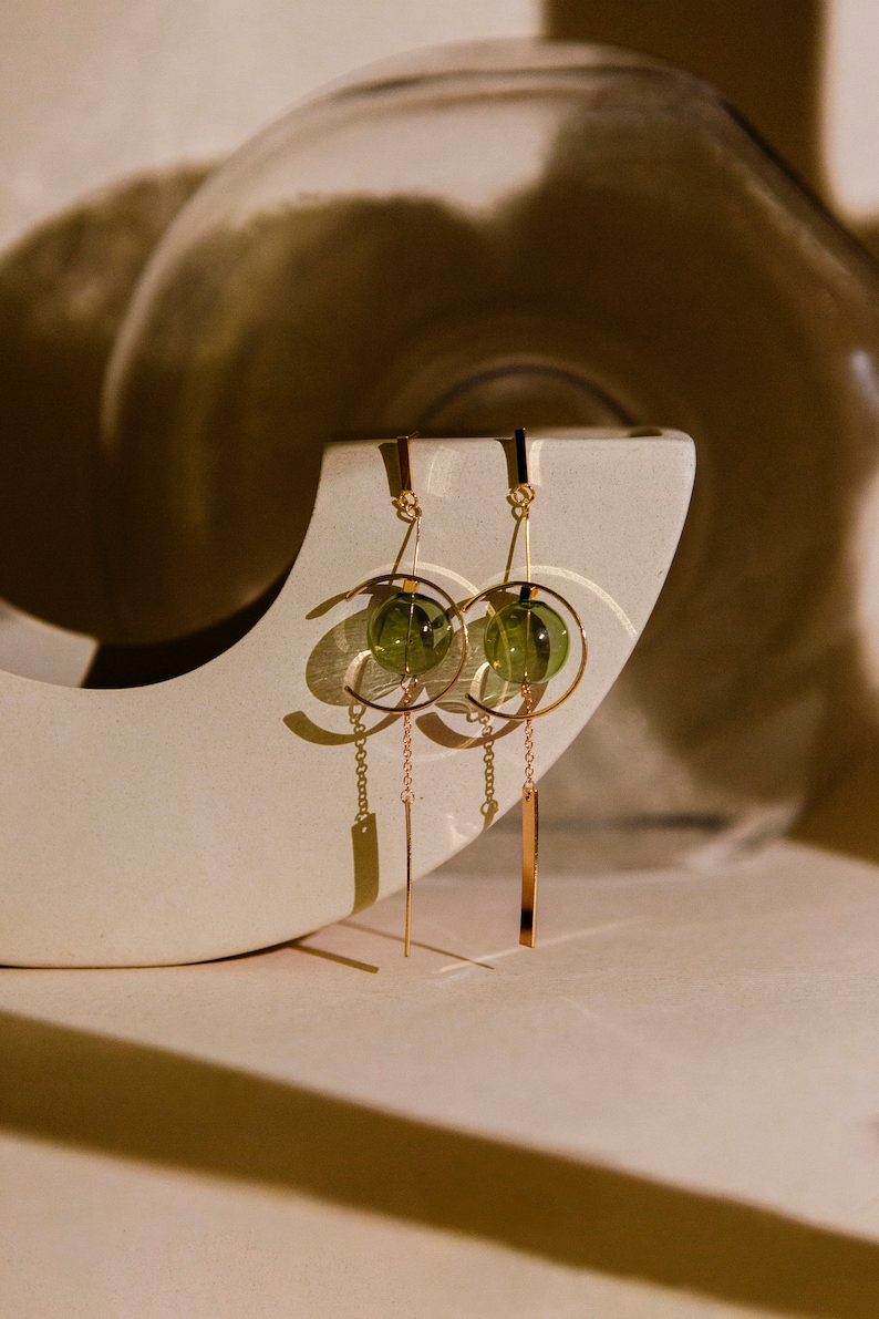 Furin Japanese Windchime Earrings, Hollow Glass Bead, 14K Gold Plated, Geometric Earrings image 1