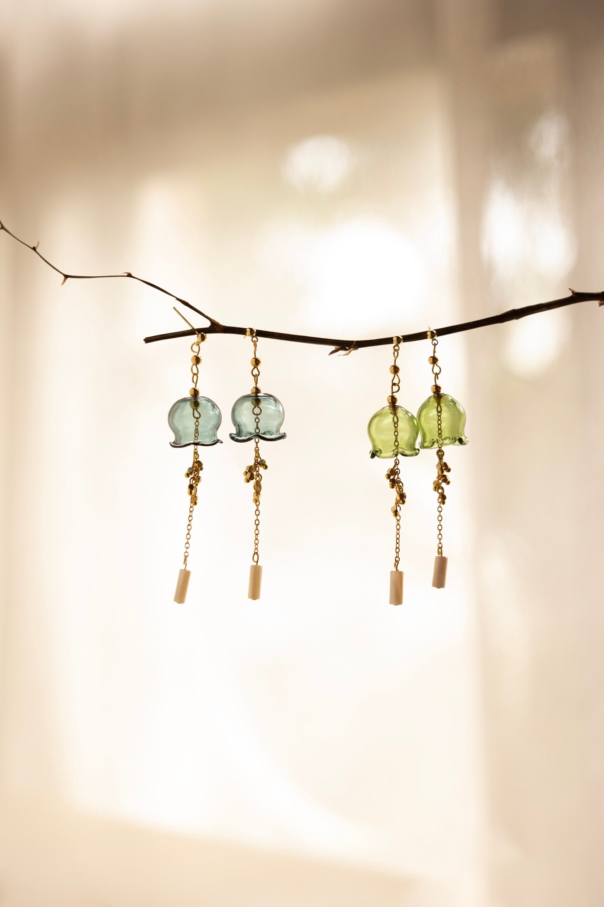 Hanami | Bell Flower Windchime Earring, Bell Flower Hollow Glass Bead, 14K Gold Plated Maiden Hanfu Jewelry