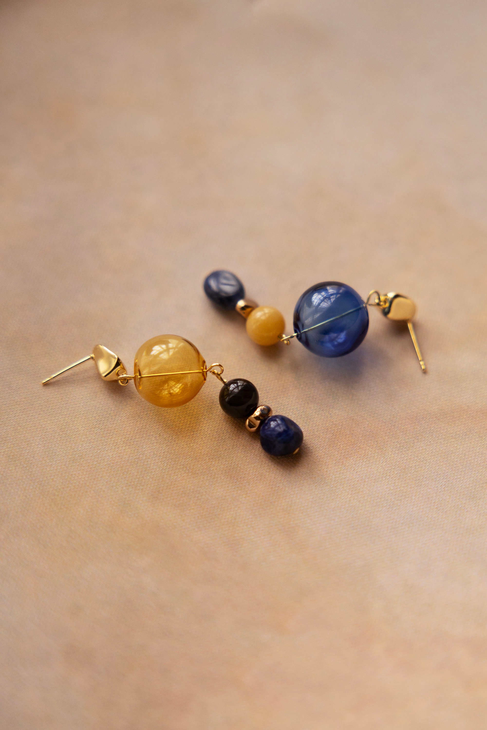 Bonbon | Statement Stone & Glass Asymmetrical Earrings, Hollow Glass Bead, Natural Sodalite, Agate Gemstone Beads, 14K Gold Plated Jewelry