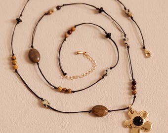 Miu | Long Corded Bold Playful Flower Pendant Statement Necklace, Bohemian Dalmatian Mookaite Gemstone Jewelry