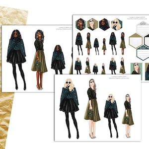 Fashion Dolls in Green - Black Girl Stickers - Planner Dolls - Watercolor Fashion Dolls - Printable Stickers