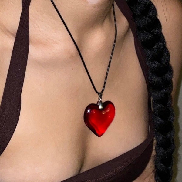 Red Glass Heart Chunky Charm Necklace | Grunge Big Heart Pendant, Puff Charm Necklace with Black Leather Cord  | 2023 Aesthetic Fashion