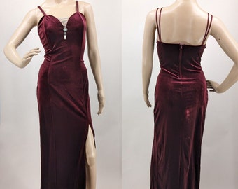 Vintage 1990s Gown Velvet Dress Rhinestone Maroon Siren Prom Slit Size Large