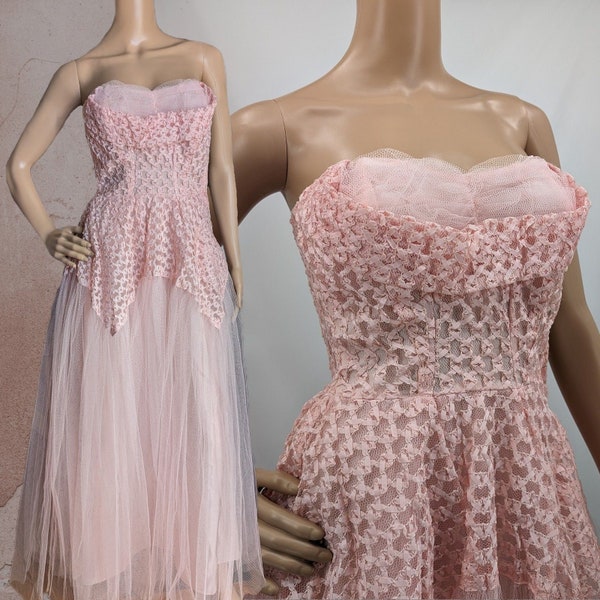 Vintage 1950s Party Dress Pink Lace Maxi Full Skirt Netting Evening Gown Size S